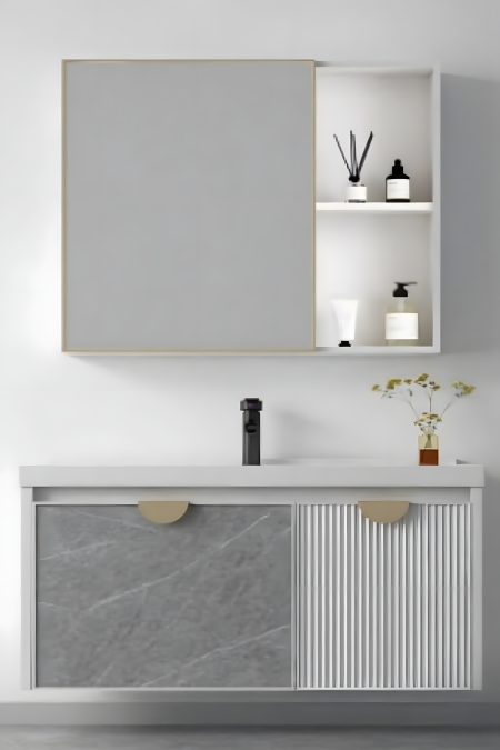 طقم مغسلة مودرن مع خزانة جداريّة – تصميم رمادي وأبيض أنيق