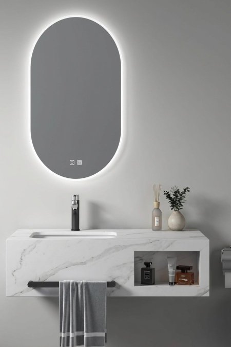 مغسلة رخام معلّقة مع مرآة LED – تصميم عصري بسيط