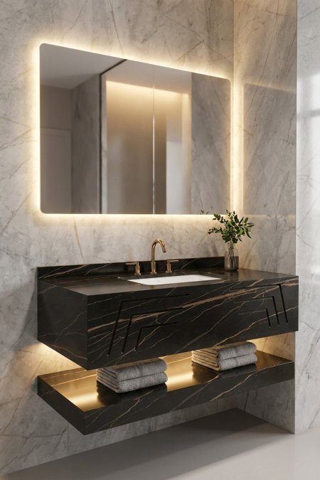 مغسلة رخام فاخرة معلّقة – لون أسود بعروق ذهبية مع إنارة مخفية