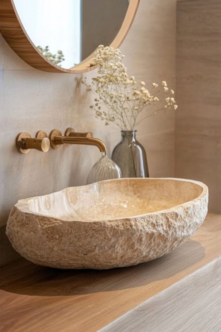 حوض مغسلة حجري طبيعي – تصميم عضوي فاخر