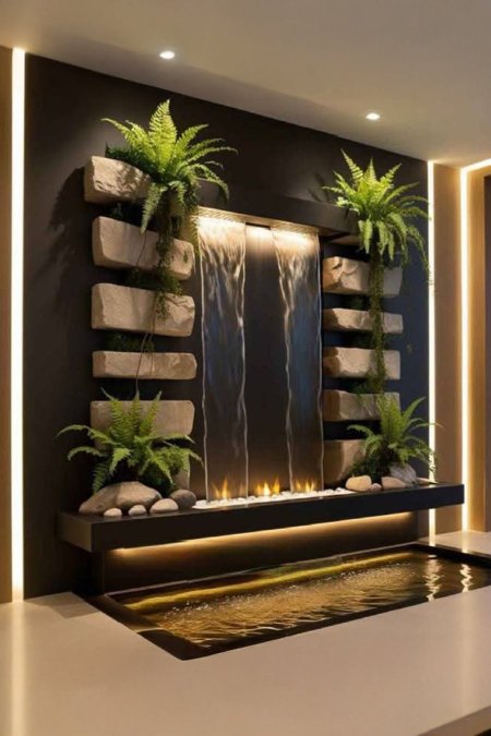 نافورة جدارية بشلال مزدوج مع إضاءة ليد ديكورية