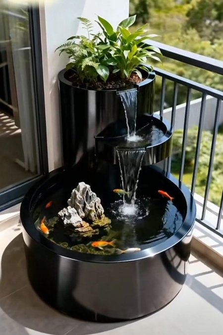 نافورة شلال حدائقي متعددة المستويات مع حوض أسماك