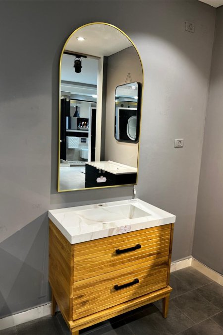 مغسلة خشب طبيعي مع حوض رخام صناعي أبيض