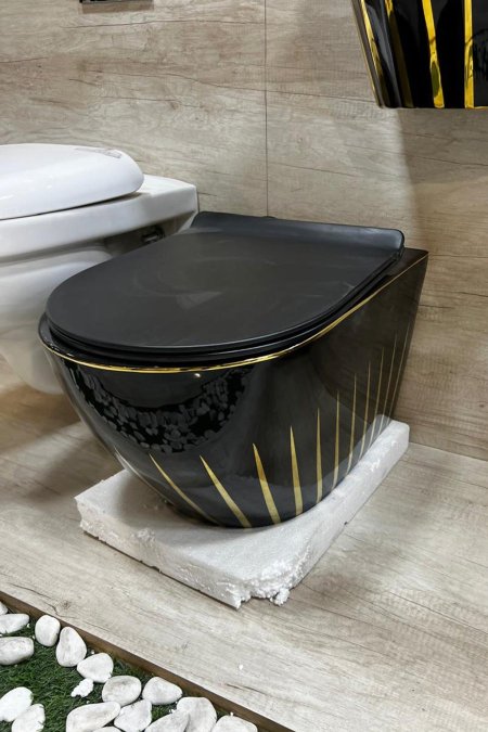 مرحاض تعليق – أسود لامع بنقوش ذهبية