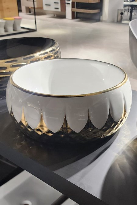 حوض مغسلة دائري أبيض ذهبي – موديل بتال