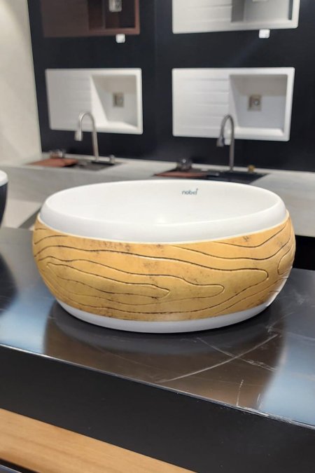 حوض مغسلة دائري خشبي أبيض – موديل وود لاين