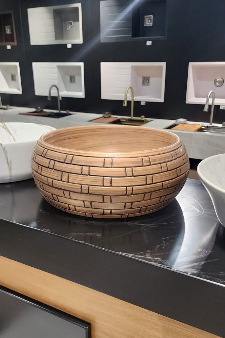 حوض مغسلة دائري خشبي منقوش – موديل وود بلوك