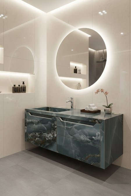 وحدة مغسلة بورسلان فاخرة بتصميم رخامي معلّق – مع مرآة دائرية بإضاءة LED