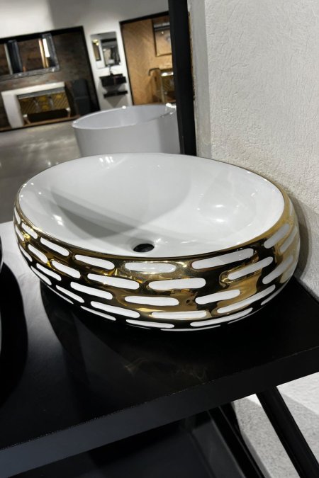 حوض مغسلة أبيض ذهبي ديكوري – موديل سِنْس