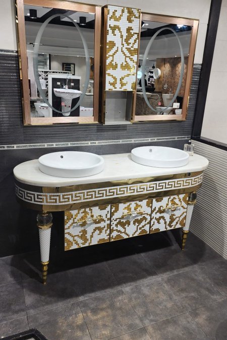 مغسلة سيراميك مزدوجة فاخرة بنقشة فسيفساء ذهبية