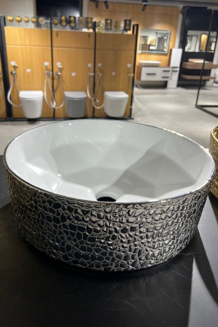 حوض مغسلة دائري أبيض فضي – موديل سيلفر تِكستشر