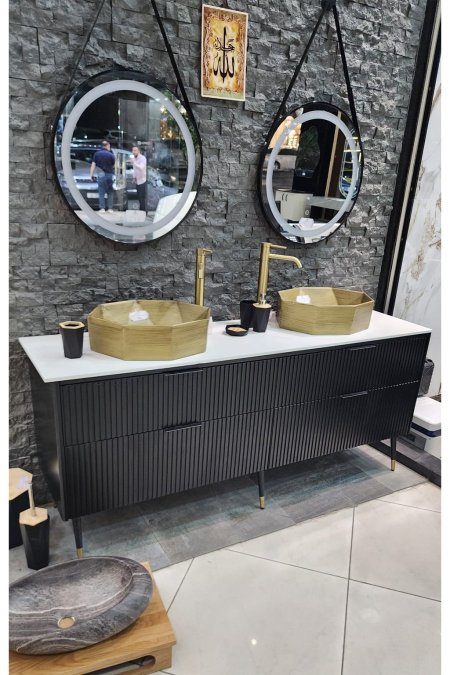 طقم مغسلتين فاخر – حوض سداسي خشبي مع خزانة سوداء مودرن