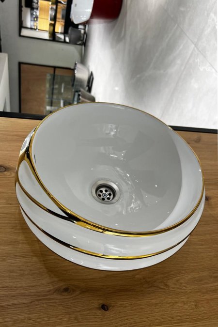 حوض مغسلة دائري أبيض مخطّط ذهبي – موديل رويال لاين