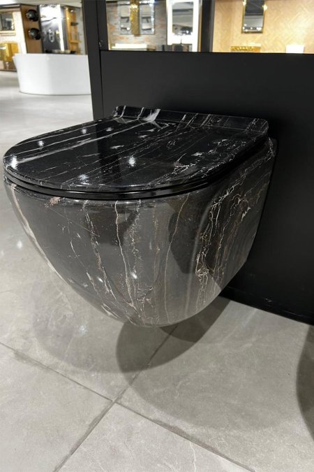مرحاض جداري بتصميم رخام أسود فاخر – Black Marble Wall-Hung WC