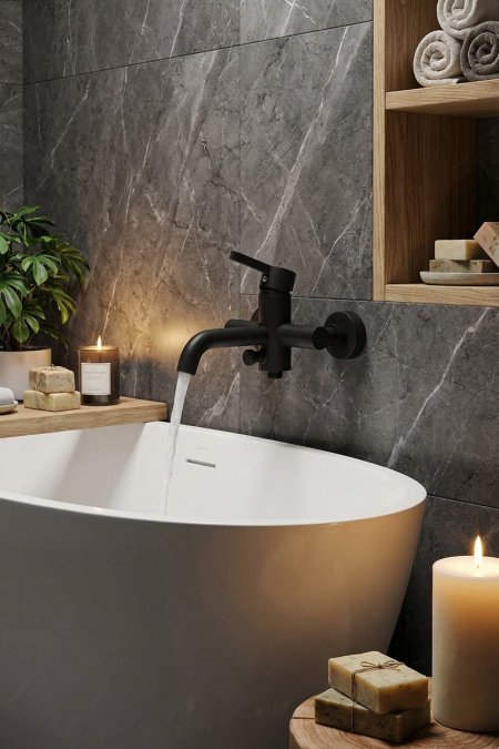 حنفية بانيو جداري أسود مطفي (Matte Black) – تصميم مودرن