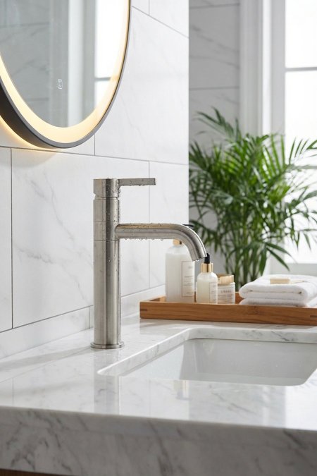 حنفية مغسلة ستانلس (نيكل مطفي) – ذراع واحدة – تصميم مودرن