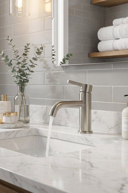 حنفية مغسلة نيكل مطفي (Brushed Nickel) – ذراع واحدة – تصميم مودرن