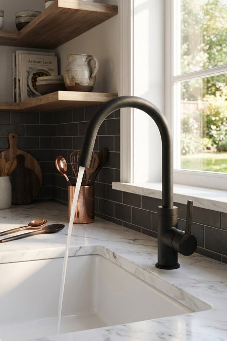 حنفية مطبخ رقبة عالية – أسود مطفي (Matte Black) – ذراع واحدة