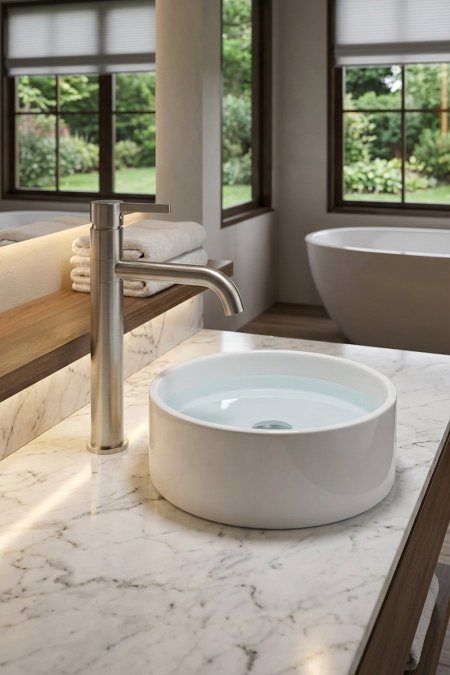 حنفية مغسلة عالية بلون معدني فضي