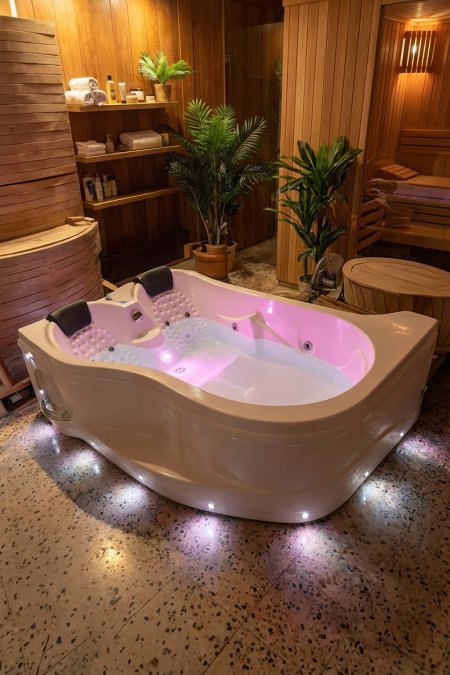 جاكوزي سبا داخلي لشخصين مع إضاءة داخلية وخارجية