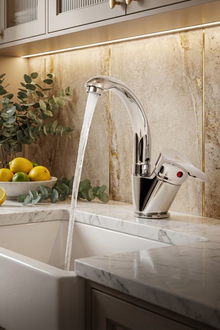 حنفية مطبخ قوس عالي – لون كروم فضّي