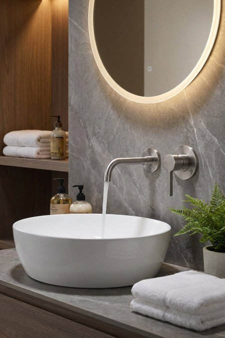 حنفية مغسلة حائطية – لون فضّي مطفي (ستيل)