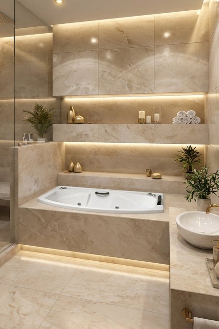 جاكوزي مستطيل مدمج بتصميم فندقي – تشطيب بيج حجري