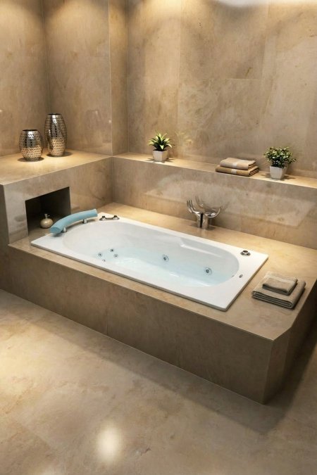 جاكوزي مستطيل مدمج – تشطيب رخامي بيج مع مسند رأس مريح