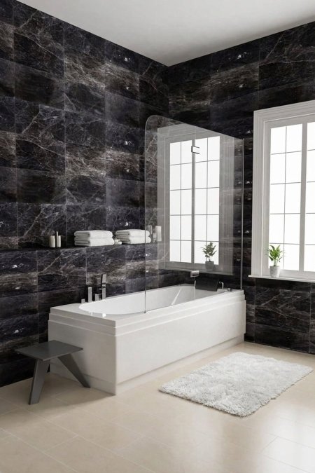 بانيو مستطيل مودرن مع حاجز زجاجي للاستحمام