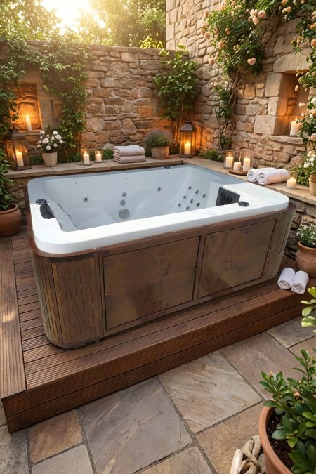 جاكوزي خارجي 4 مقاعد بإطار خشبي وإضاءة LED