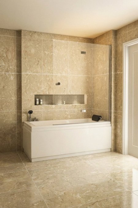 بانيو مستطيل مودرن مدمج في الجدار مع رف تخزين