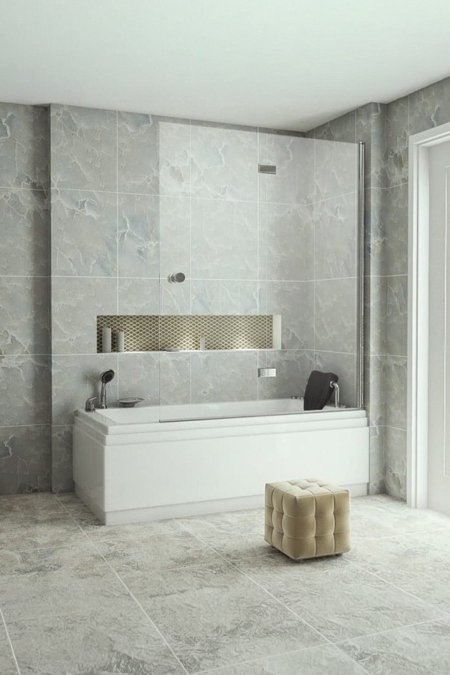 بانيو مستطيل مودرن مع حاجز زجاجي ورف تخزين مدمج