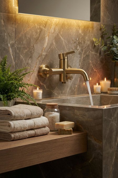 حنفية مغسلة جدارية ذهب مطفي (Brushed Gold) – تصميم مودرن