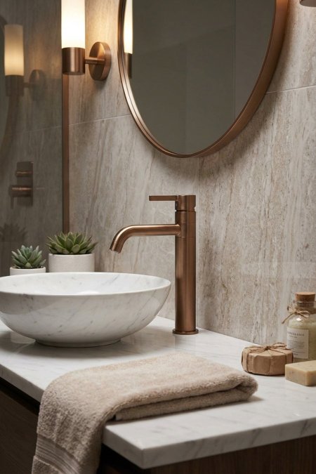 حنفية مغسلة نحاسي مطفي (Brushed Copper) – ذراع واحدة – تصميم مودرن