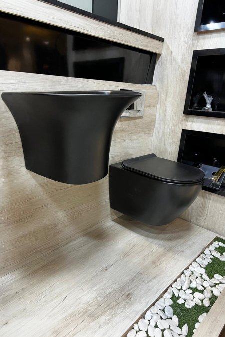 طقم مرحاض جداري مع مغسلة – لون أسود مطفي مودرن