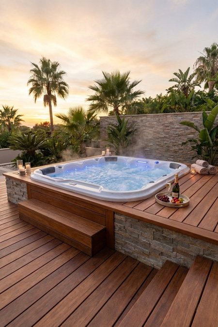 جاكوزي خارجي فاخر 8 مقاعد بإطار خشبي وإضاءة LED